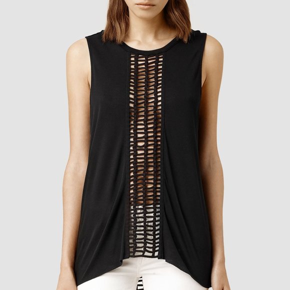 All Saints Tops - AllSaints Simmo Crochet Tank Muscle Tee Black